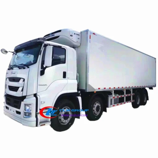 10 চাকা ISUZU GIGA 25 টন হাইড্রোলিক টেইল প্লেট সহ ফ্রিজ ভ্যান ট্রাক