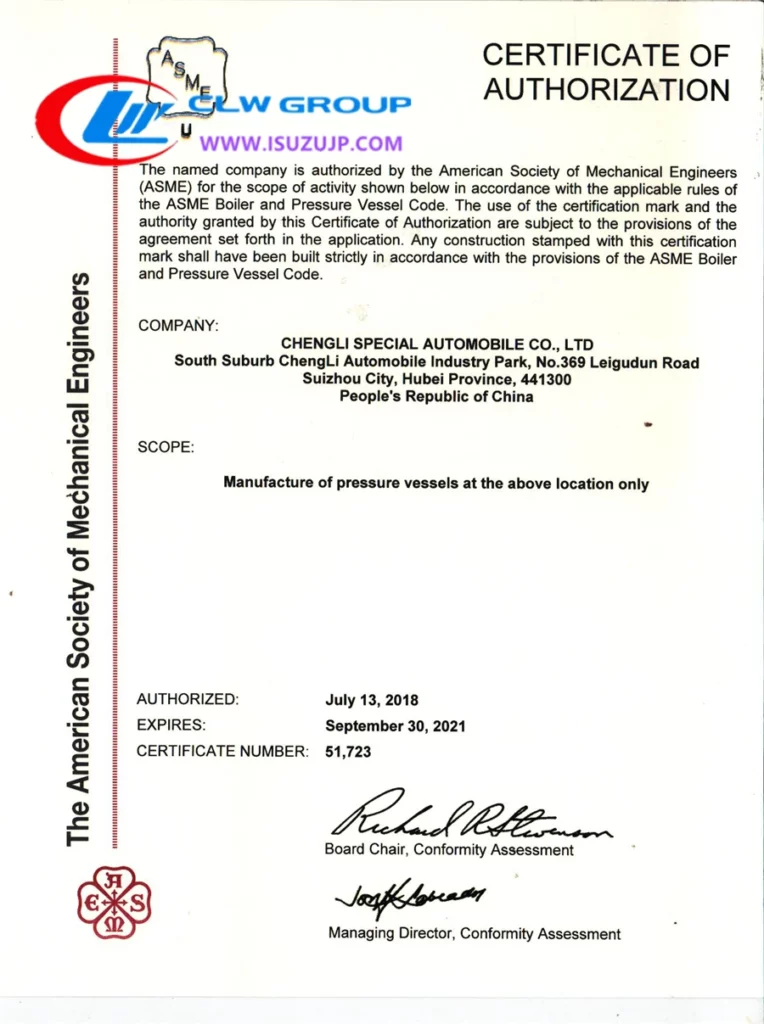 lpg tank trailer ASME Certificate